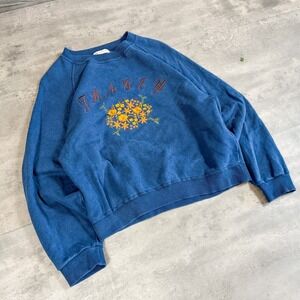 00's Pendira Flower Grandma Sweater Boxy & Cropped Raglan Navy Crewneck Sweater